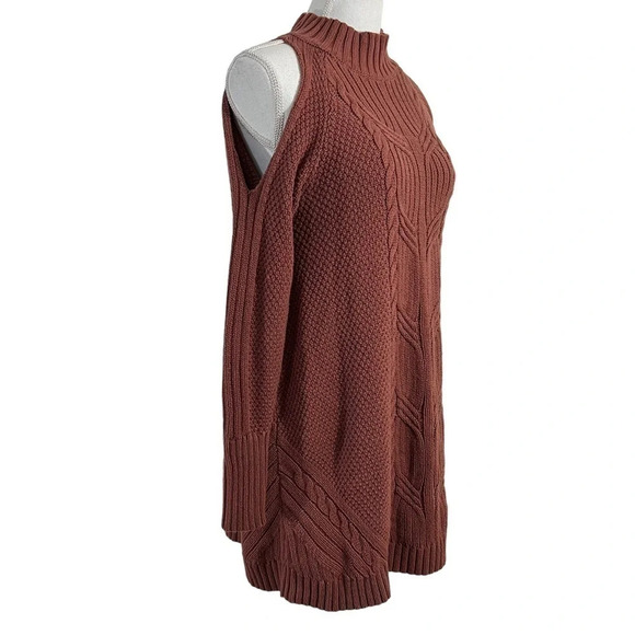 Express Brown Cable Knit Dress Small Cold Shoulder Solid Pattern Pullover Casual - Picture 2 of 9